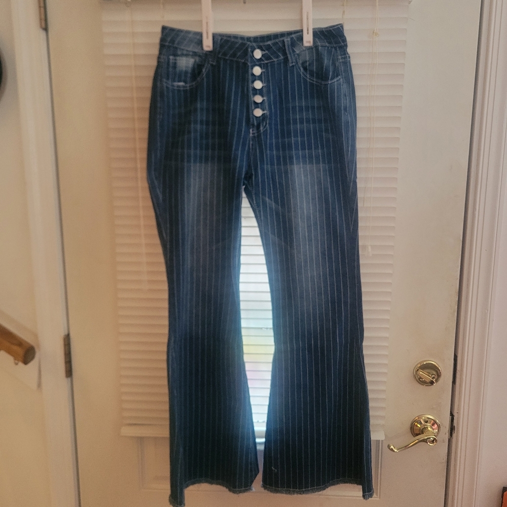 NWOT Womans Stretchy Blue Striped Jeans With Flare Raw Cut Bottom